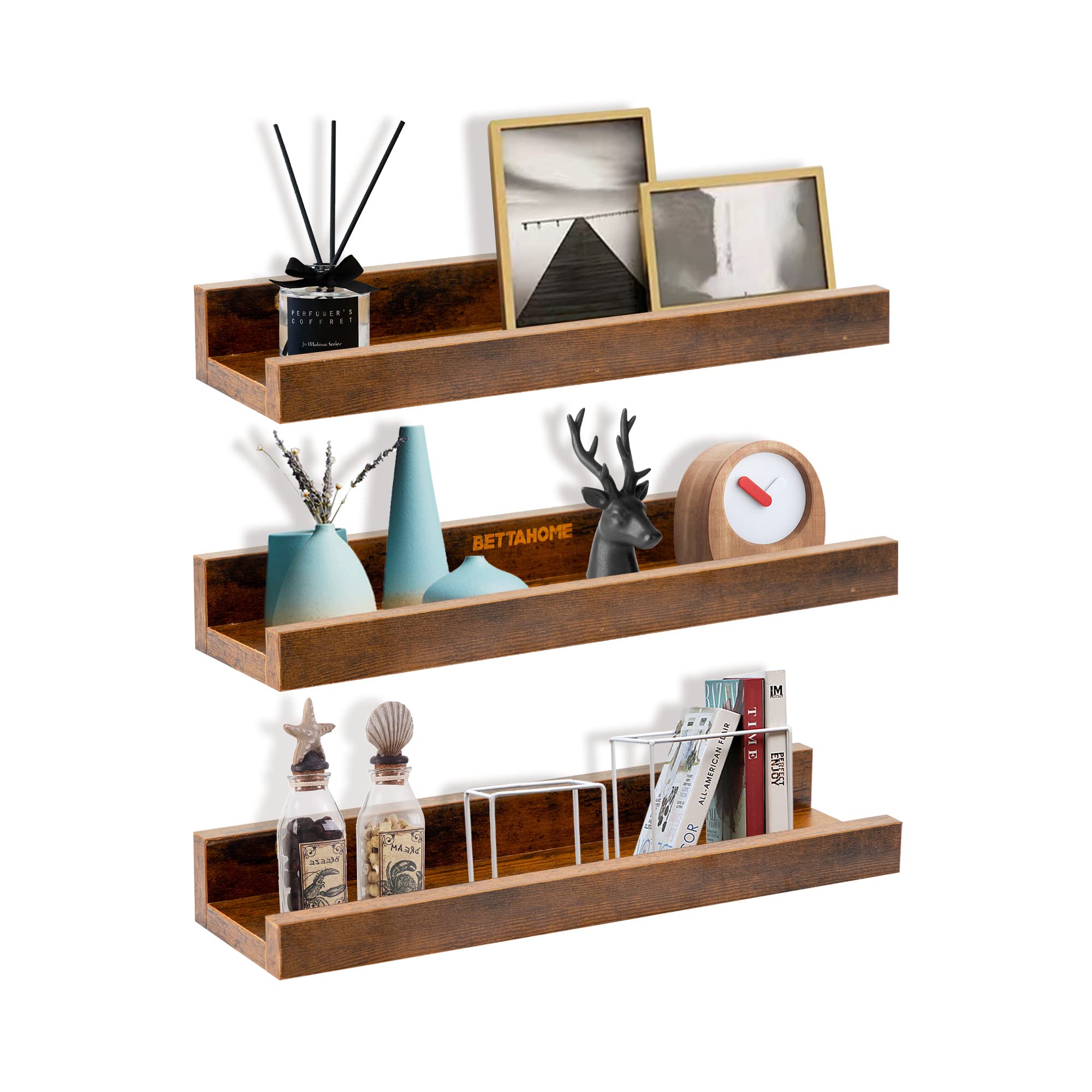 BETTAHOME Floating Shelves Set of 3, Small 15 Inch Rustic Wood Shelves with Ledge, Wall Mounted Display Shelves, Perfect for Pictures, Plants, Bedroom, Living Room, Rustic Brown BT005