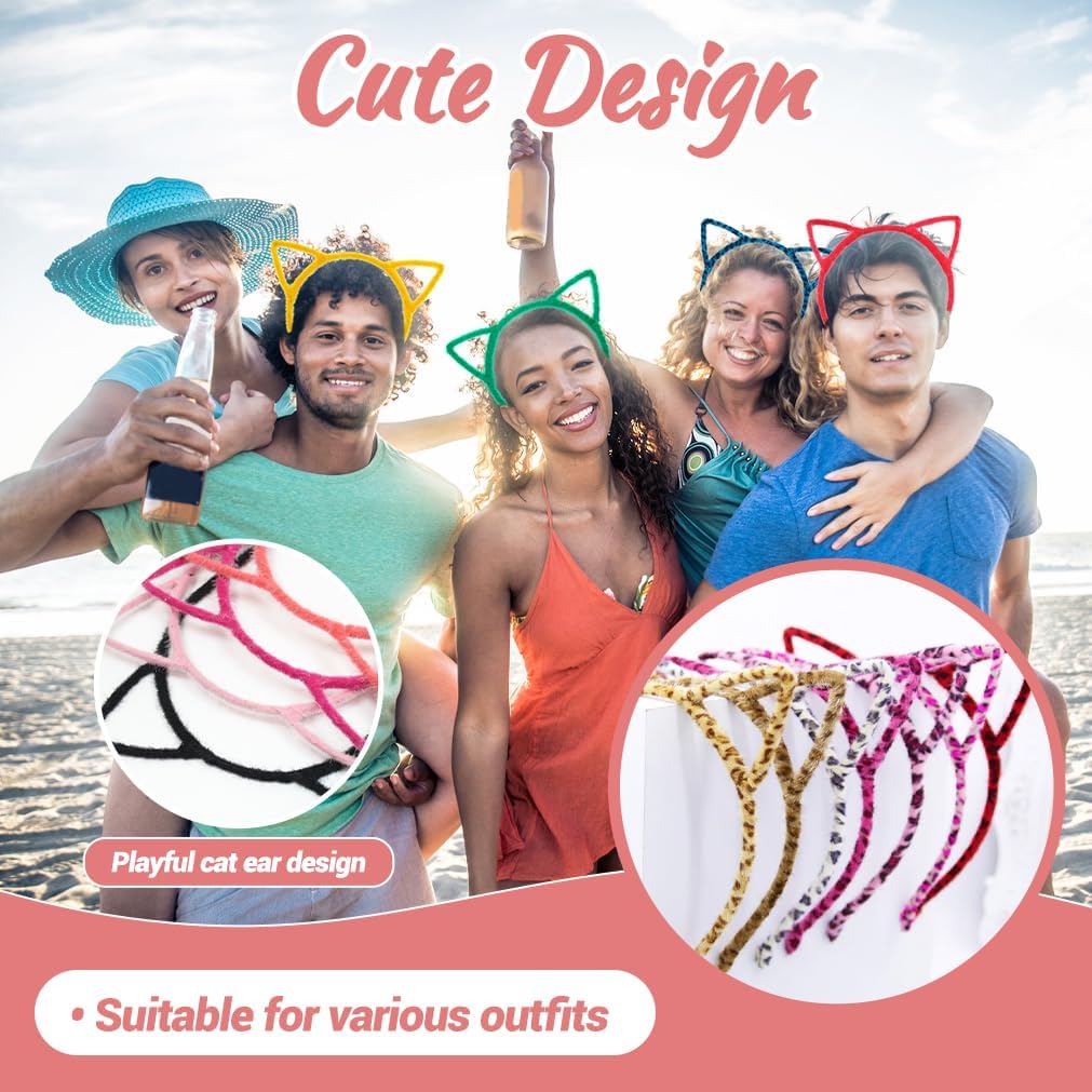 OJYUDD 24 Colors Cat Ear Headbands,Plastic Cat Hair Hoops,Daily Decorations Party Lovely Headwear Cats Accessories,Fluffy Hair Hoop for Girls and Adult(24 Pieces)
