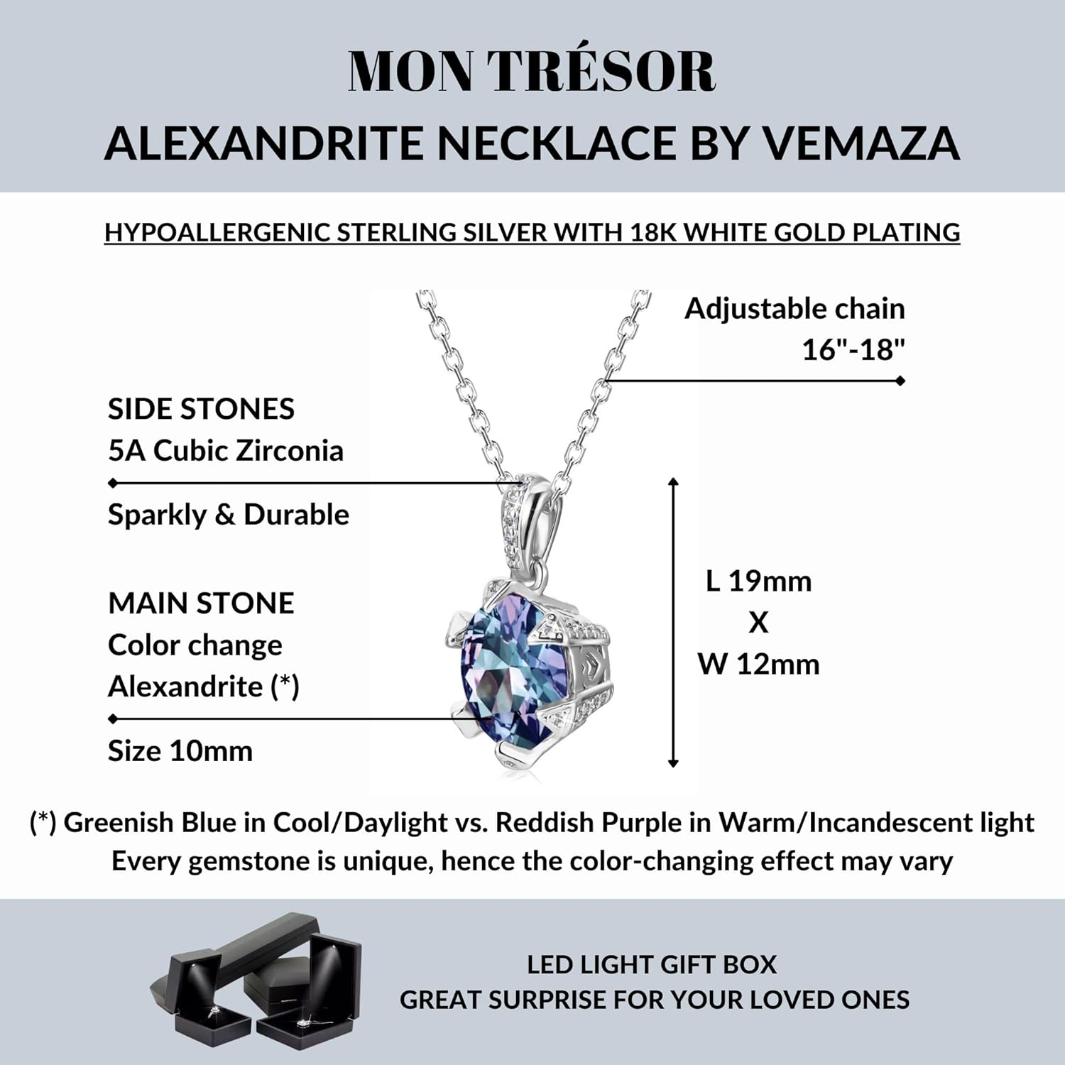 Color Change Alexandrite Necklace 925 Sterling Silver Hypoallergenic Halo Oval Cut Heart Shape Round Cut Solitaire June Birthstone Simulated Created Alexandrite Necklace For Women - Image 2