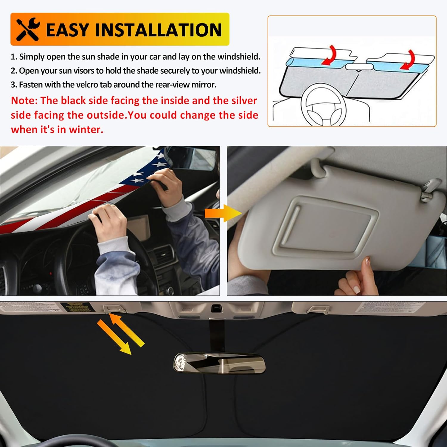 D-Lumina US Flag Winshield Sun Shade for 2020 2021 2022 2023 2024 2025 Fo-rd Maverick, Foldable Front Sun Shield Protector Blocks UV Rays, Window Sunshade Sun Visor Interior Accessories