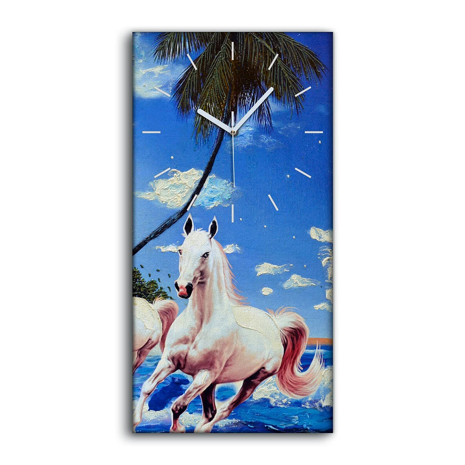 Horloge sur Toile Chevaux de Course Bleus 30x60cm Art Moderne Salon