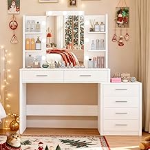 TEENFON Dressing Table with Large LED Mirror, Adjustable Brightness, 3 Colours, Makeup Table with 6 Drawers, 4 Shelves, White