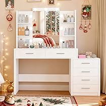 TEENFON Toeletta Trucco, Toeletta con Specchio e LED Luci, 3 con Luminosità Regolabile, Postazione Trucco con 6 Cassetti, 4 Ripiani Aperti, Bianco