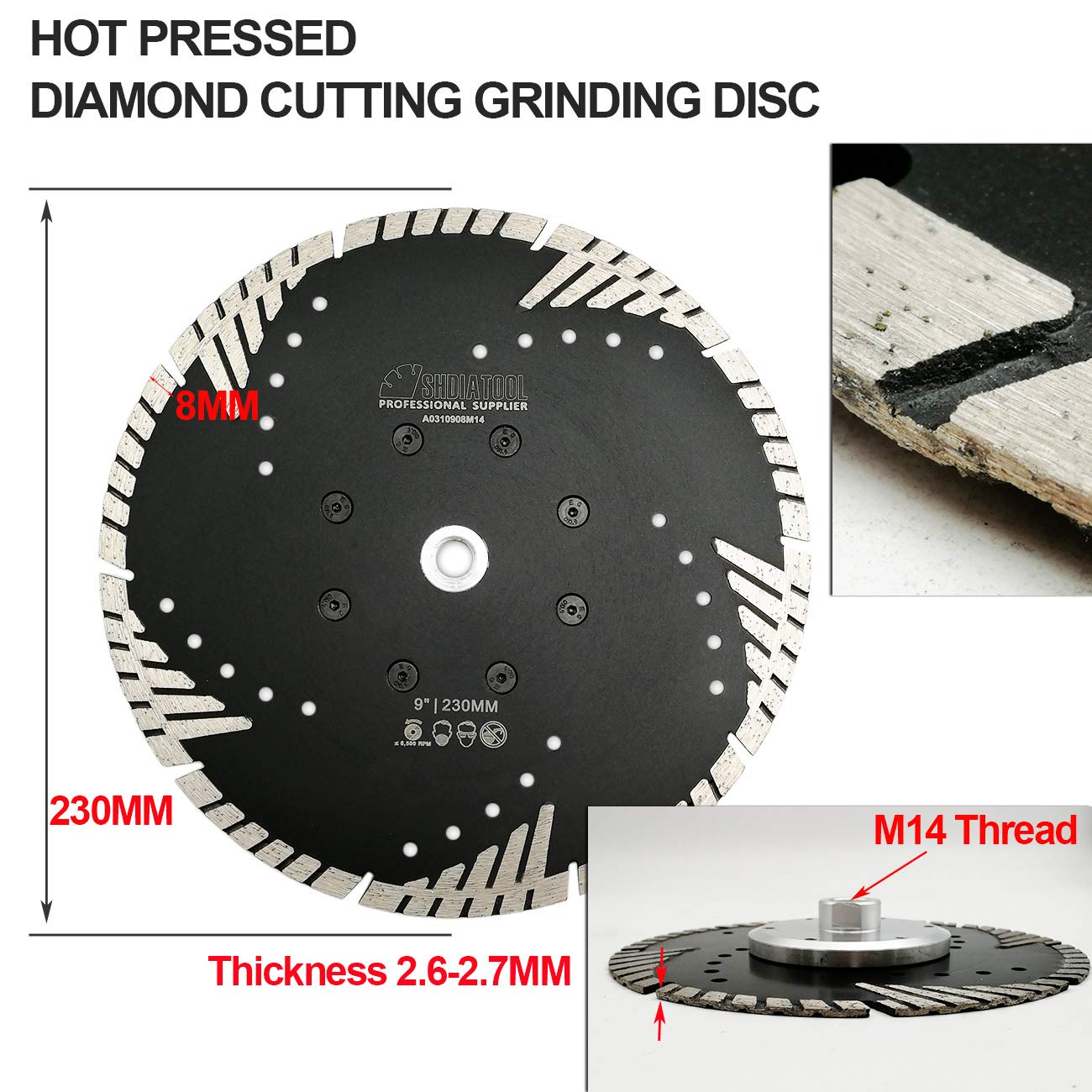 SHDIATOOL Disco de Corte de Diamante 2 Piezas 230mm x M14 Hoja de Sierra con Turbo Slant Protection Dientes para Ladrillo Azulejos Cerámica Mármol Granito