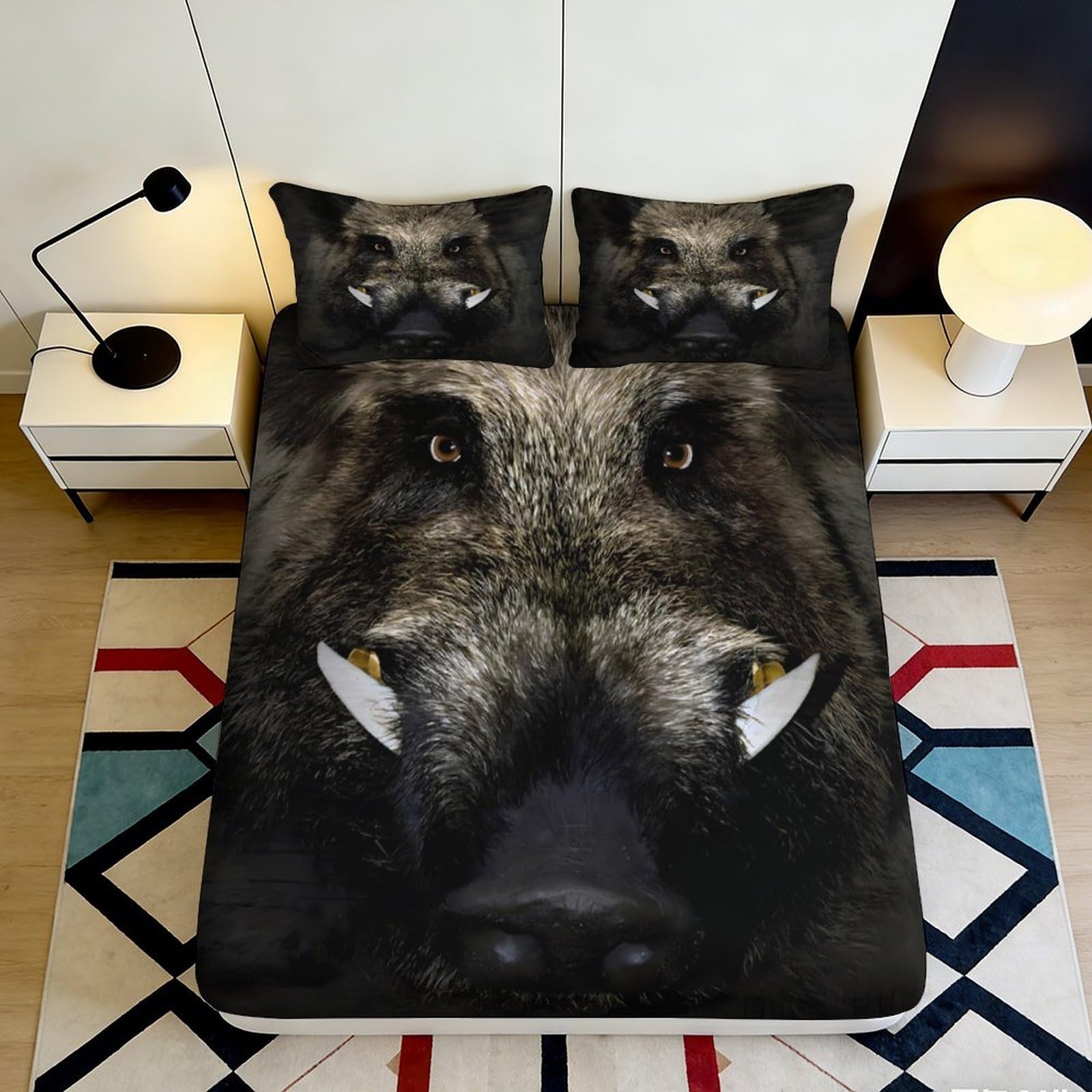 3D Printed Wild Boar Fitted Sheet Microfiber Soft Animal Face Bed Cover Realistic Boar Mattress Cover for Bedroom Decor 90x200x25cm