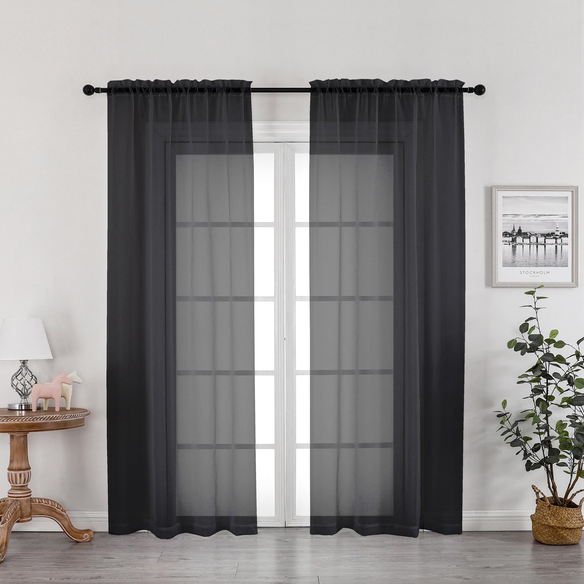 Black Sheer Curtains, Sheer Curtains 78 inch Length 2 Panels Set, Rod Pocket Voile Fimly Sheer Drapes for Living Room/Bedroom, 2pcs, Each 42" W x 78" L, Black