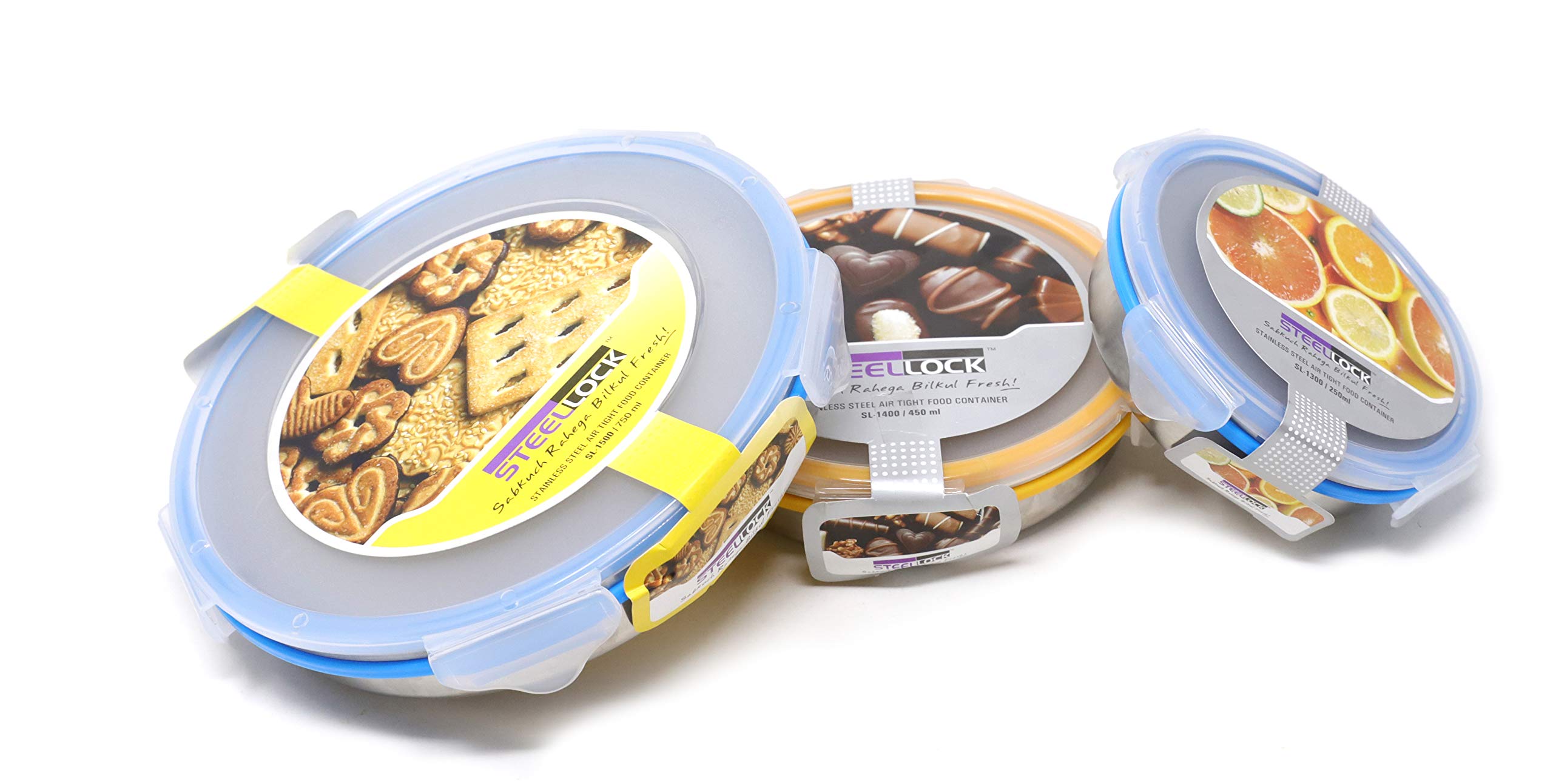 STEELLOCK Stainless Steel Airtight Container| Leak Proof Tiffin Lunch & Storage Boxes | SL-1300,1400,1500-set of 3, 250ml, 450ml & 750ml each, Multicolor