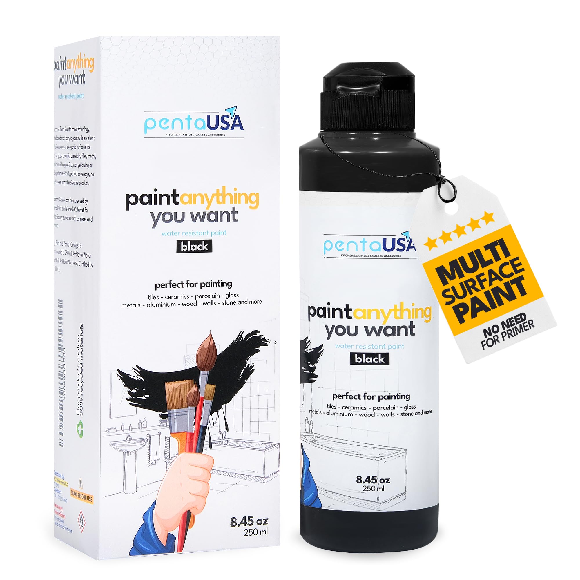 Pintura Multisuperficie - Pintura Impermeable Multiusos para Baño, Bañera, Azulejos, Lavabo, Muebles de Cocina, Encimeras, Madera, Mobiliario - Mate, 250ml (Negro)