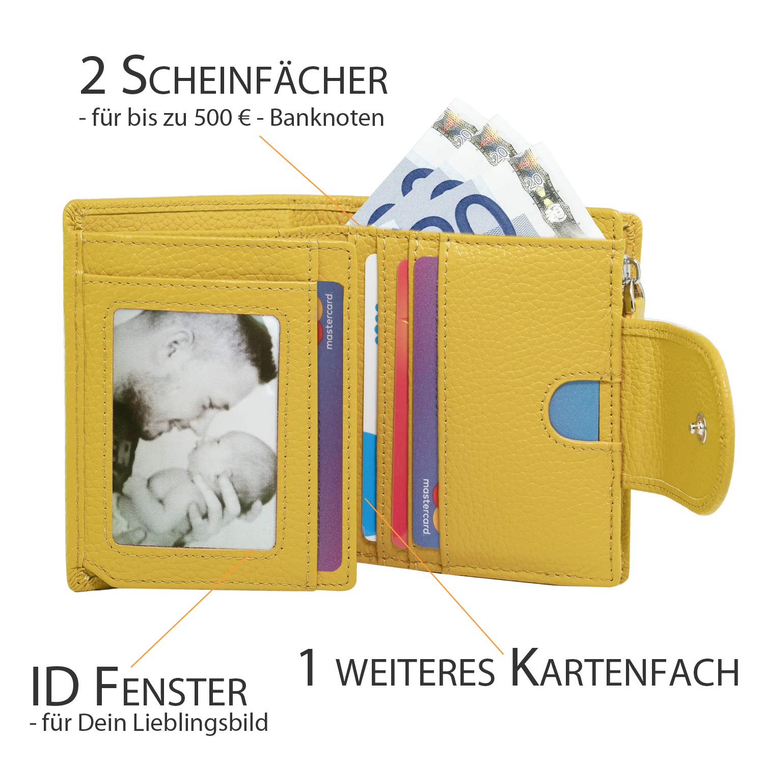 Rfid Geldbörse Damen mittelgroß, Leder, gelb, Reißverschluss, Portemonnaie, Geldbeutel, Portmonee, Damen-Geldbörsen Wallet For Women, Brieftasche, Wiener Schachtel, Geldtasche, Portmonaise