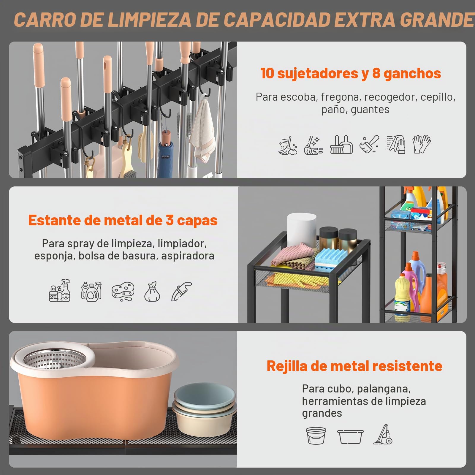 Bikoney Soporte para Escobas y Organizador de Limpieza con Ganchos, Colgador para Fregonas y Carro de Limpieza para Lavadero y Uso Doméstico o Profesional