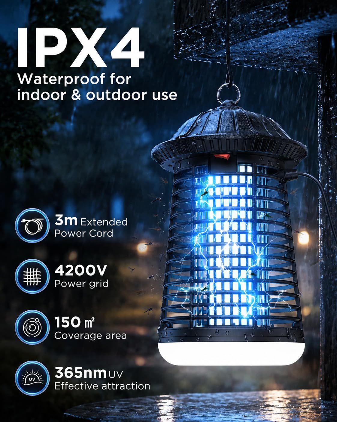 Lampa przeciw komarom, kabel 3 m, pułapka na komary 4200 V, do użytku wewnątrz i na zewnątrz