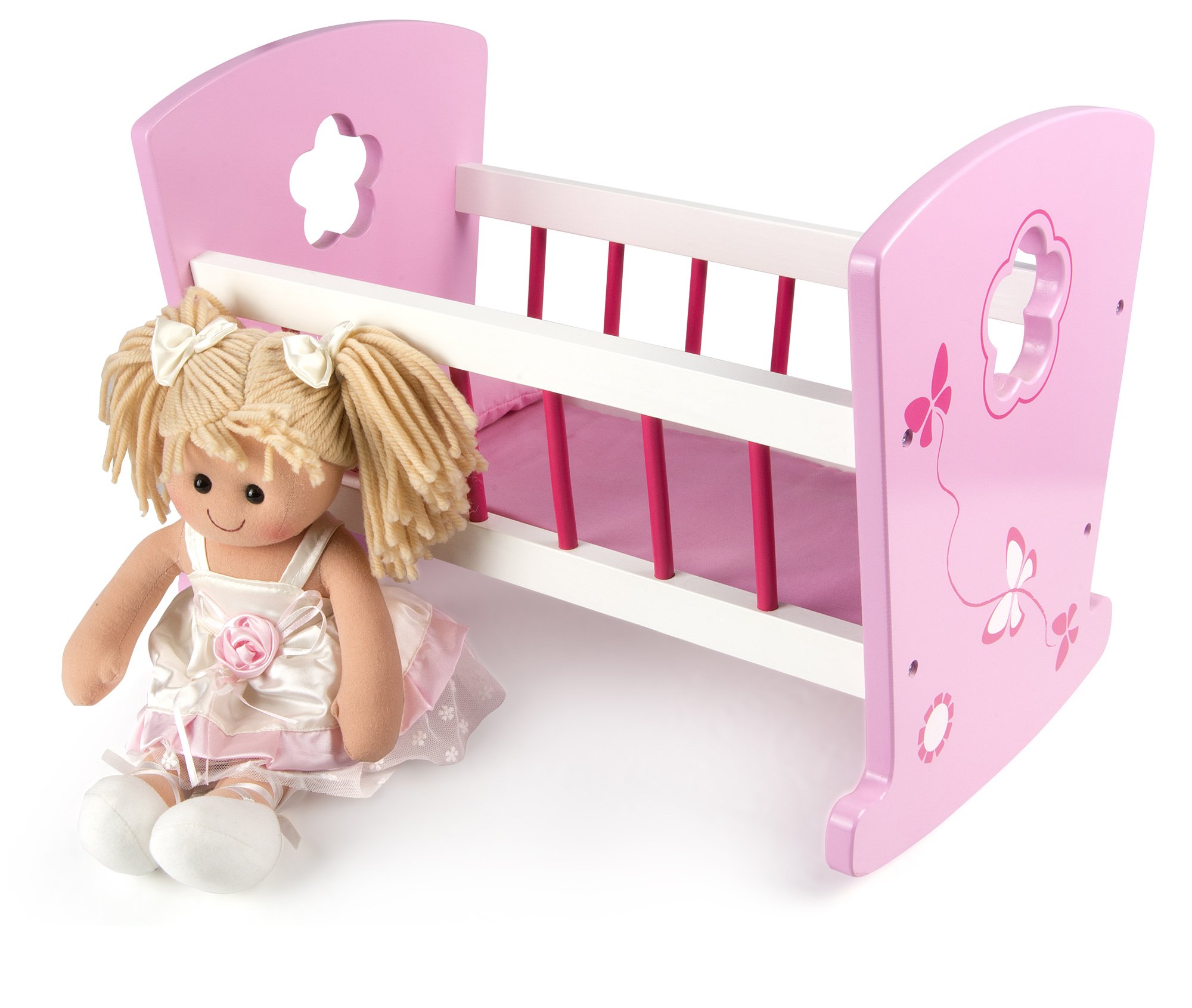 Rosa Puppenwiege aus Holz mit Puppe und Bettwäsche, Schaukelbett 46 x 28 x 34 cm, Puppenbett Komplettset mit Matratze, Decke und Kissen für Kinder ab 3 Jahren