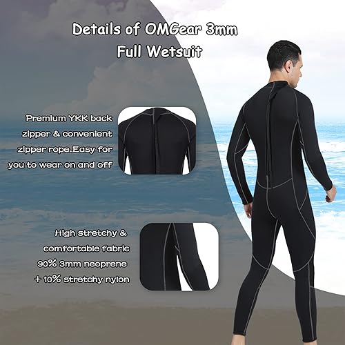 Vista 3 de OMGear Traje de neopreno para hombres y mujeres, 0.118 in, cuerpo completo, protección UV, una pieza, manga larga, trajes de buceo, traje de baño