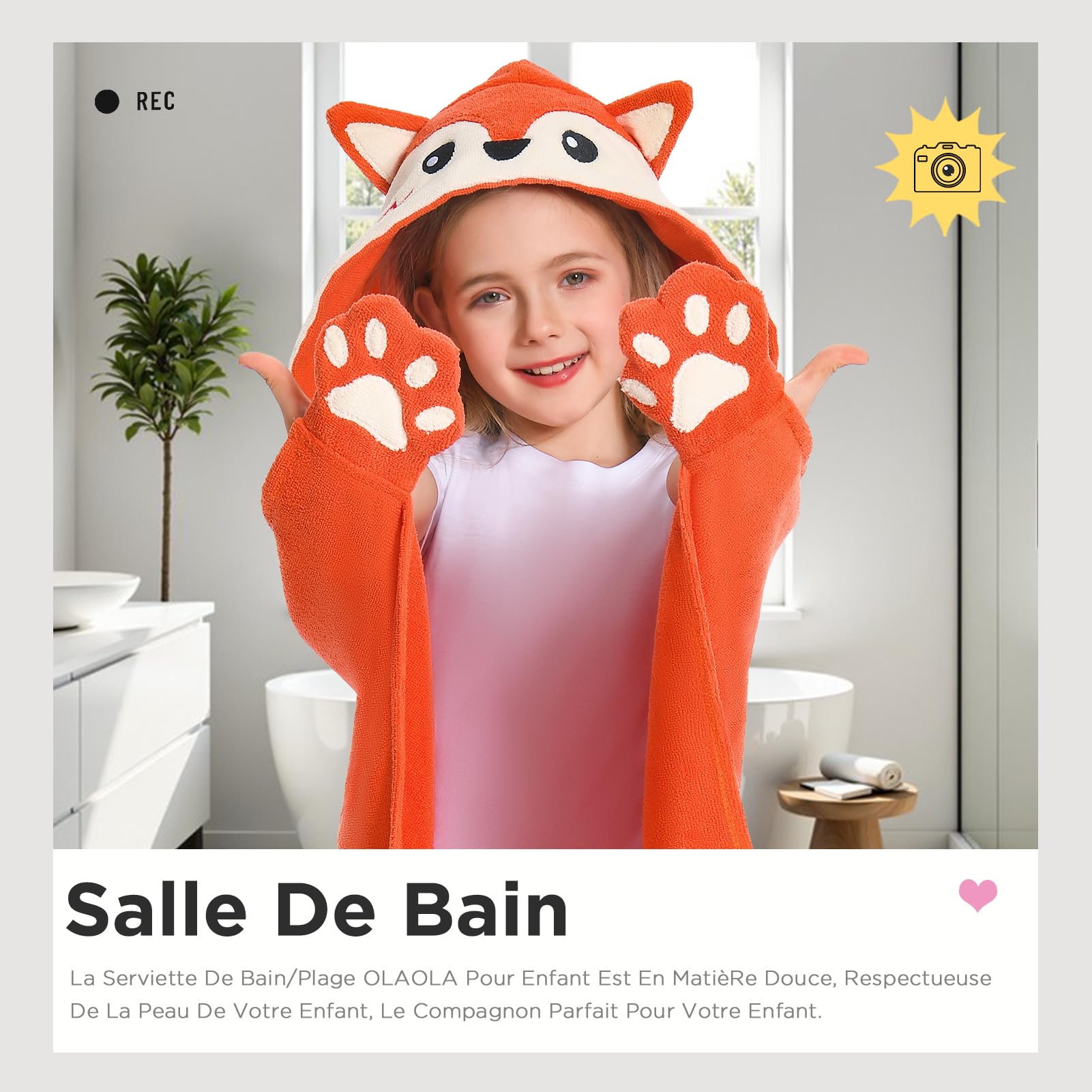 OLAOLA Serviette de Bain à Capuche pour Enfants, Serviettes de Plage en Microfibre Doux Natation Wrap, Enfant Peignoir À Langer, Poncho de Bain pour Garçons Filles de 3 à 12 Ans (Renard)