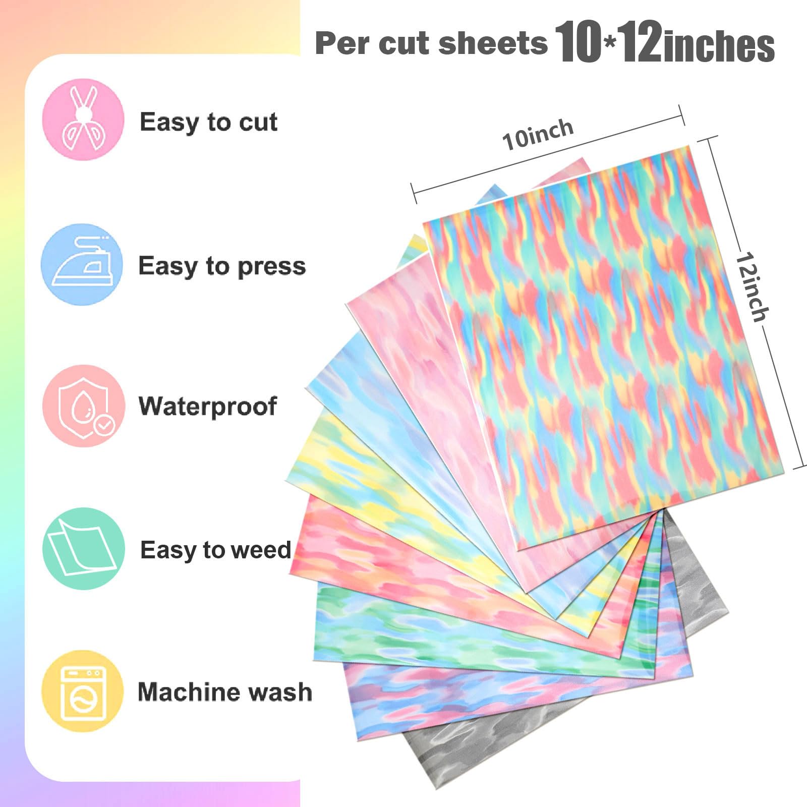 Heflashor Puff Vinyl Heat Transfer - 8 Sheets 12"x10" Assorted Holographic 3D Puffy Print HTV Iron On Vinyl for T-Shirts Foaming Puff Heat Press Vinyl