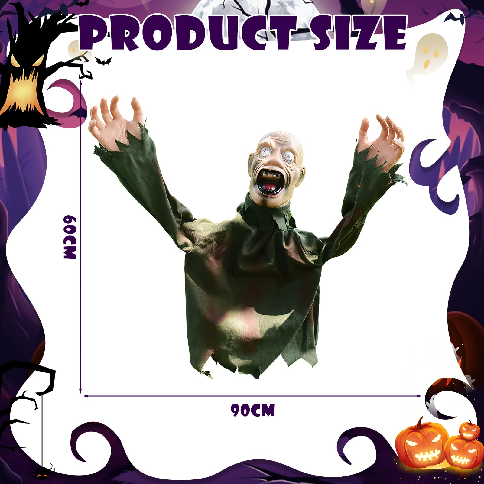 Halloween Animatronic Zombie Groundbreaker, decoración de Halloween, esqueleto zombi espeluznante con ojos brillantes y sonido espeluznante, zombi oscilante, animado para decoración de Halloween,