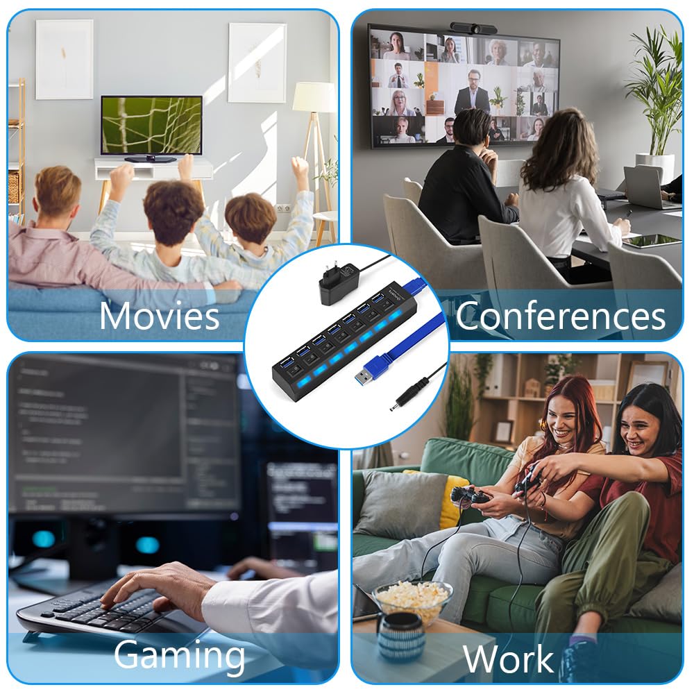 OFFCUP Hub USB 7 portów z zasilaczem, rozdzielaczem USB, aktywnym hubem USB 3.0+2.0 z indywidualnymi przełącznikami i wyświetlaczem LED, plug & play, do laptopów, komputerów MacBook i innych urzą