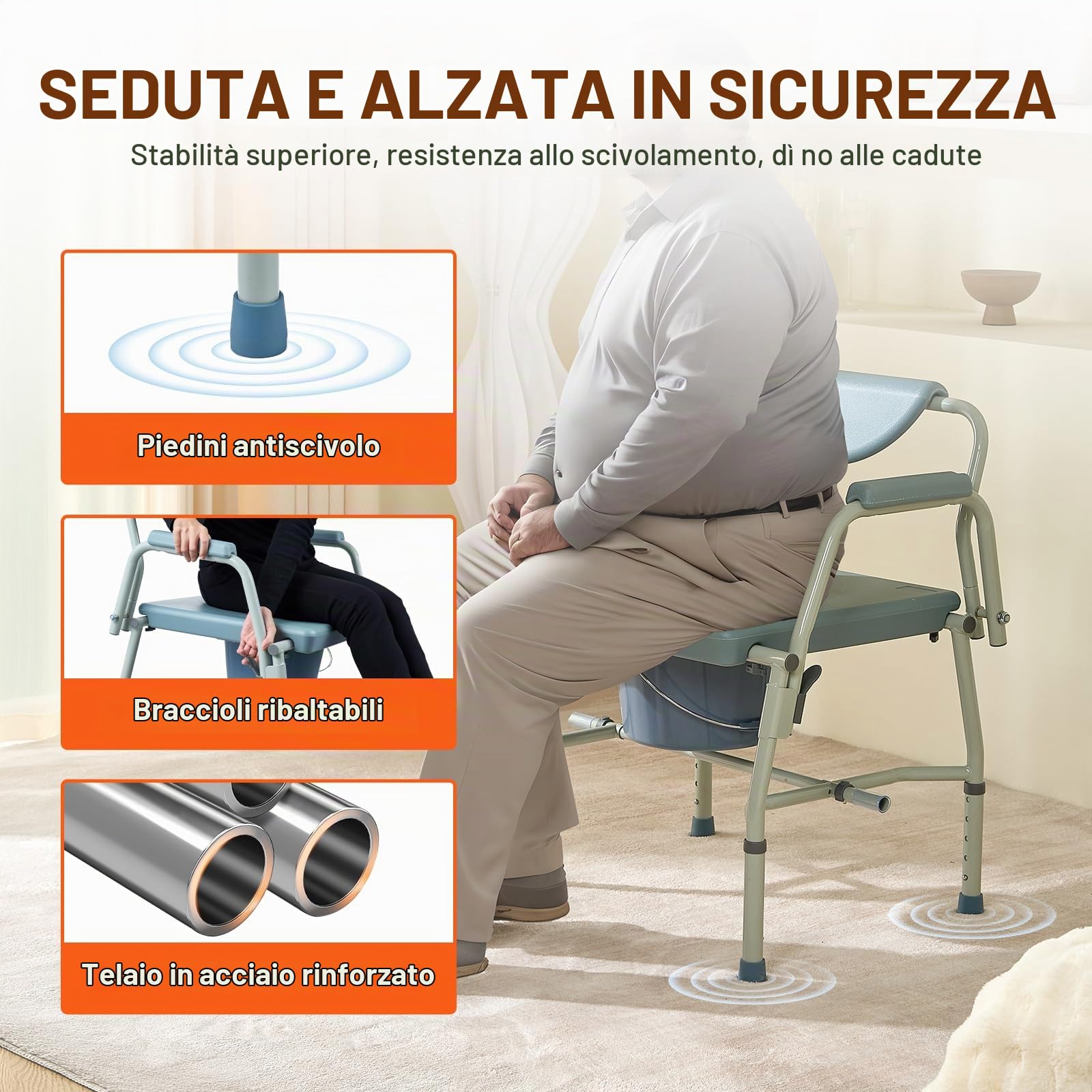 VEVOR Sedia da toilette, braccioli ribaltabili Schienale Staccabile, Altezza Regolabile 5 Livelli, Secchio Rimovibile da 7 Litri, Facile da Montare, Capacità di 1000LBS, Toilette Portatile
