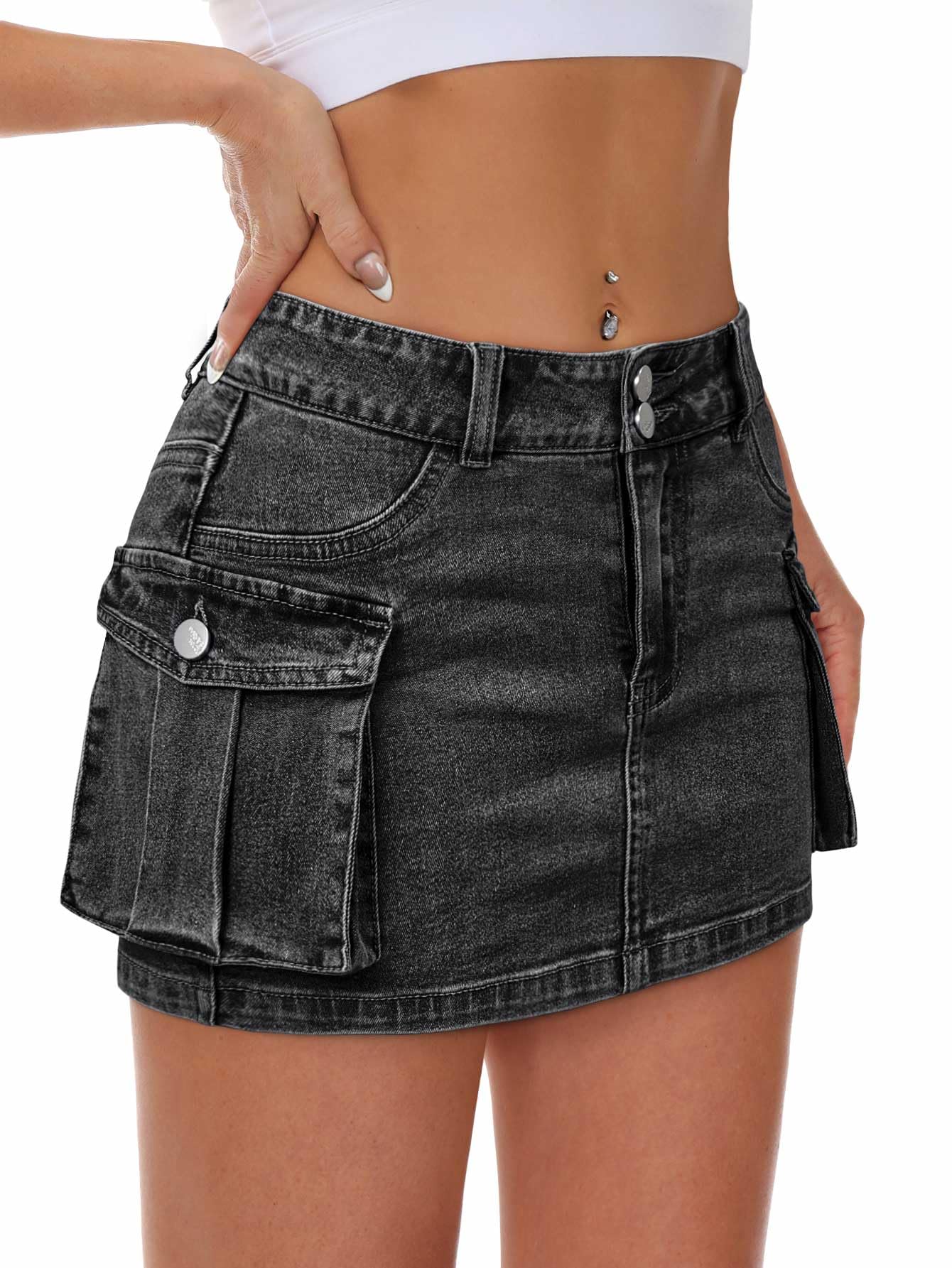 Mancreda Women Denim Cargo Skirt Mini Low Waist Button Bodycon Y2K Flap Pockets Skirts