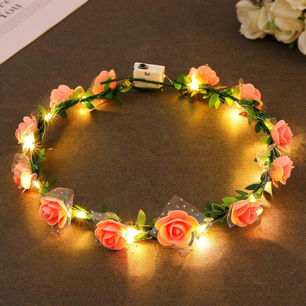 Zoestar Light Up Flower Crown Headband LED Hair Wreath Headbands Bridal Floral Headpiece Festival Party Hair Accessories for Women and Girls (Pink