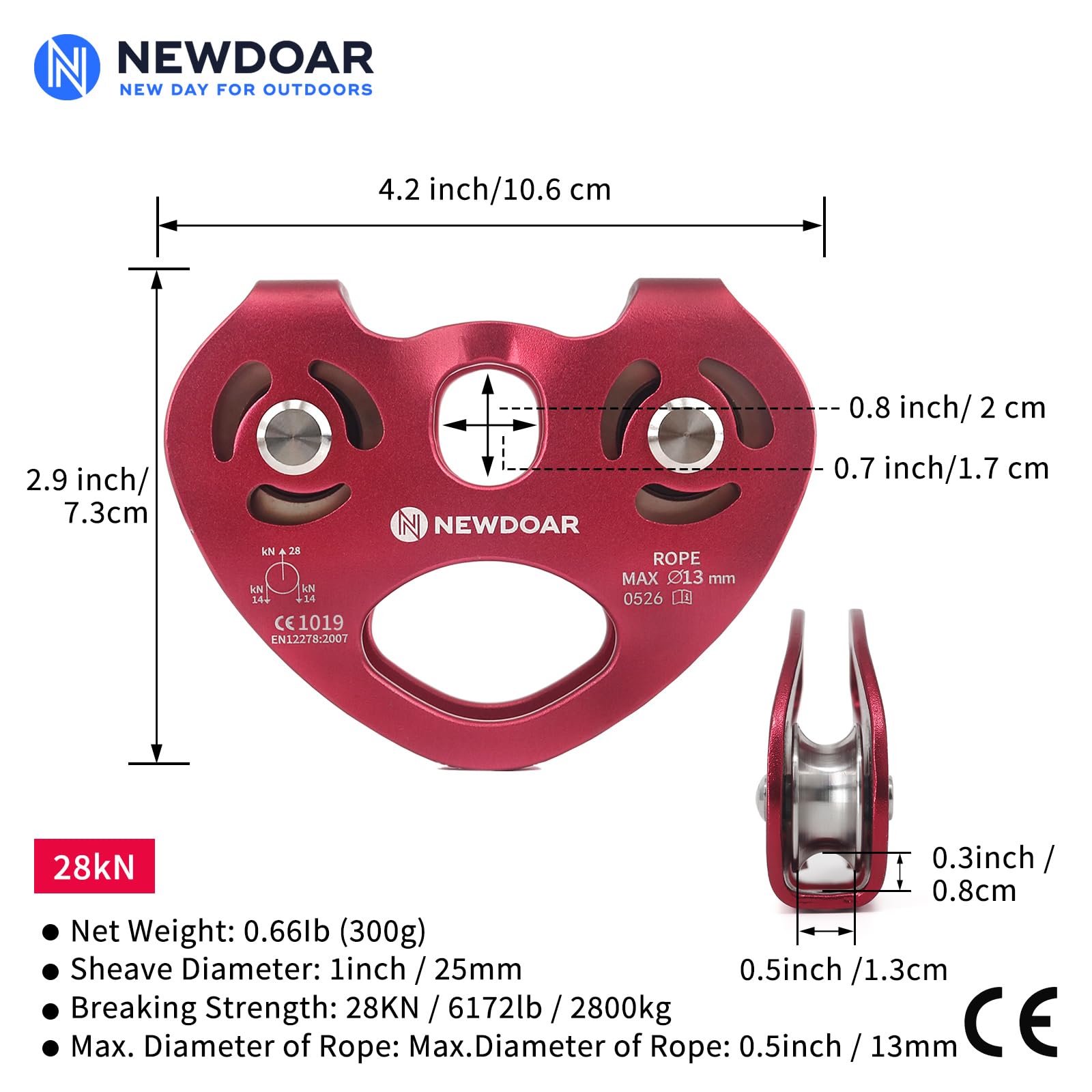 NewDoar 28 KN Tandem Doppelte Geschwindigkeit Seilrolle Herzförmige Seilrolle mit doppelter Seilrolle, Rettungsseilwagen für Seile bis zu 13 mm zum Klettern, Retten, Ziehen, Heben