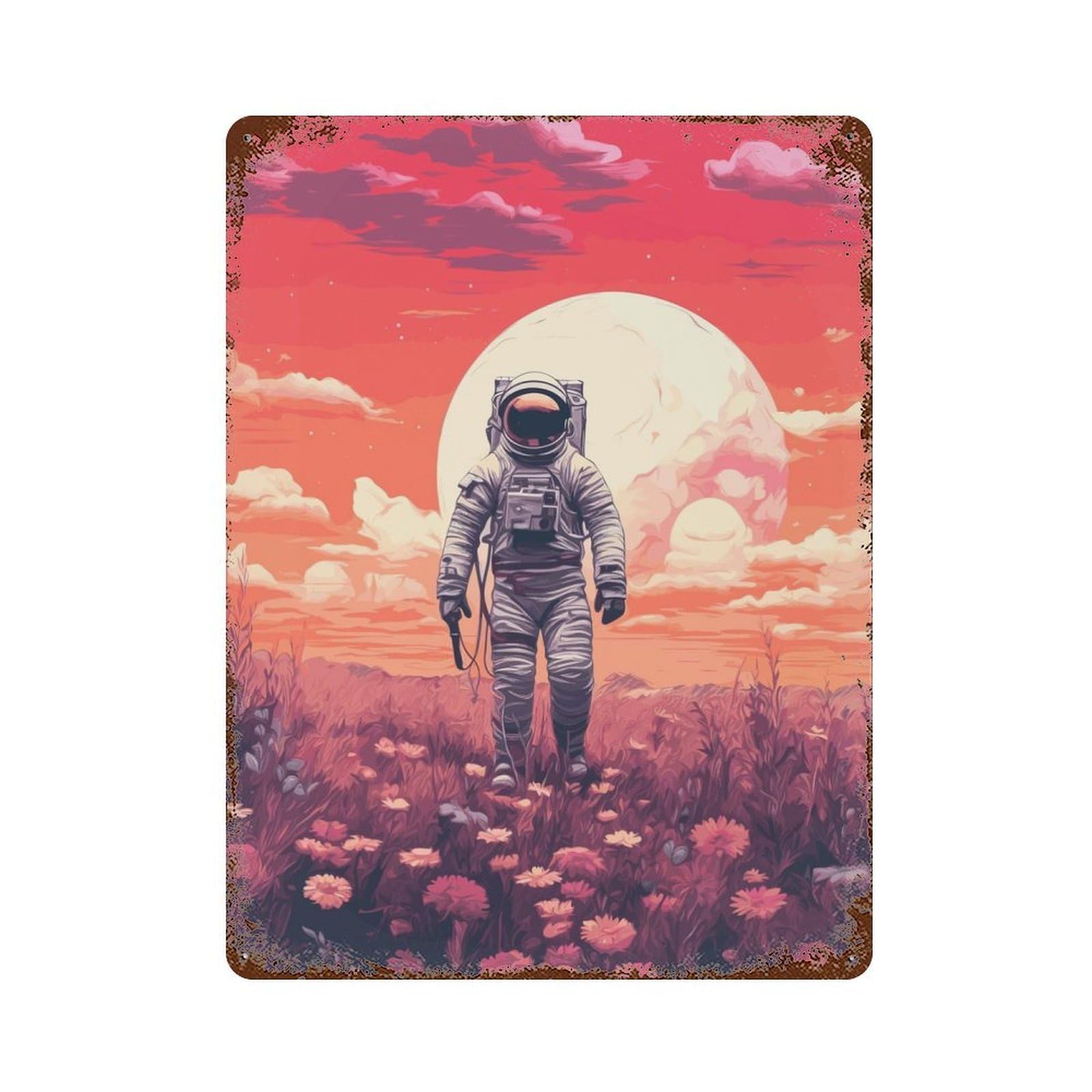 Astronaut Floral Painting Rust Effect Tin Sign 15.7"x11.8", Novelty Wall Decor for Garage, Pub Or Kitchen