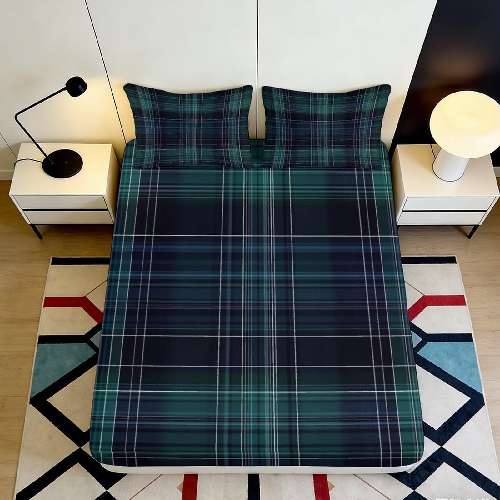 3D Printed Green Tartan Plaid Fitted Sheet Microfiber Soft Anti-Slip Blue Check Mattress Cover for Bedroom Guestroom 120x200x25cm