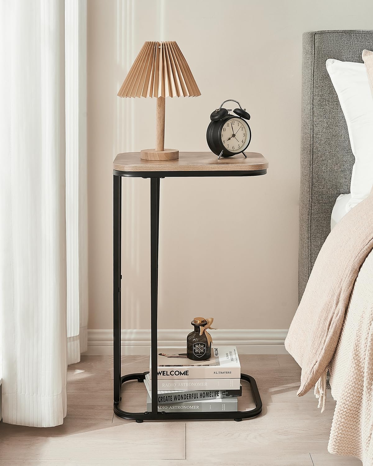 KJGKK C Shaped End Table, 27 Inches High Small Side Table for Sofa and Bed, Couch Table That Slides Under, Tall Tv Tray Table for Living Room, Bedroom, Metal Frame, Greige & Black