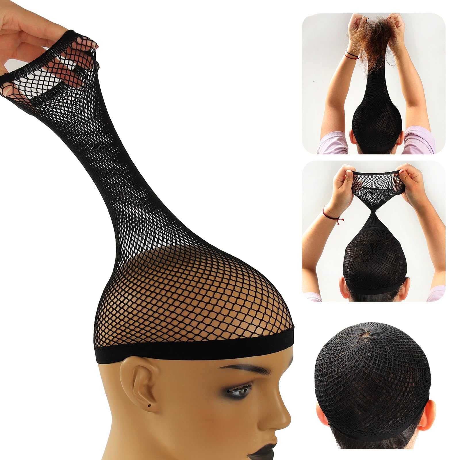 6 Pieces Extra Large Net Wig Cap for Long Thick Hair with Open-end, Black Mesh Wig Cap for Women Sleeping