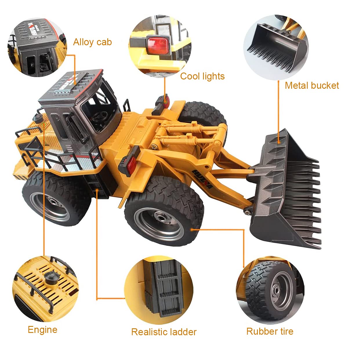 fisca Excavadora de Control Remoto, Bulldozer 1:18 de 6 Canales, Vehículo de Construcción 4WD de 2,4 GHz con Luces y Sonidos