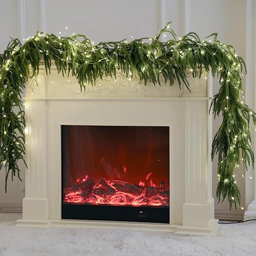 Miniatura 17 de MISSPIN Guirnalda de Navidad de 9 pies con tira de luces, guirnalda de pino de cedro de tacto real, guirnalda verde artificial para mesa, manto,