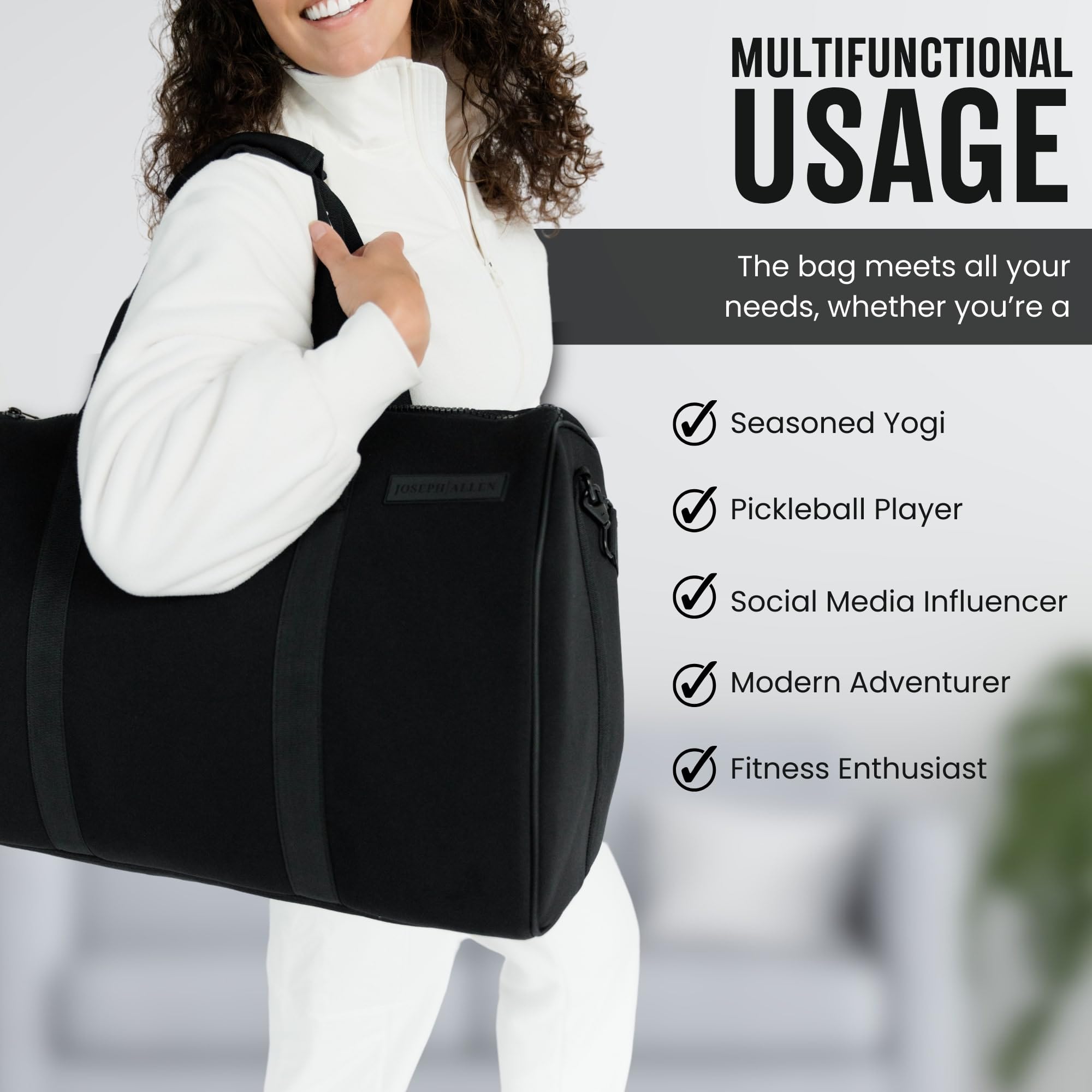 JosephAllen Borsa da palestra nera con supporto per tappetino da yoga, borsa in neoprene per palestra, yoga, weekender, borsa da palestra molto elegante e carina per donne e uomini