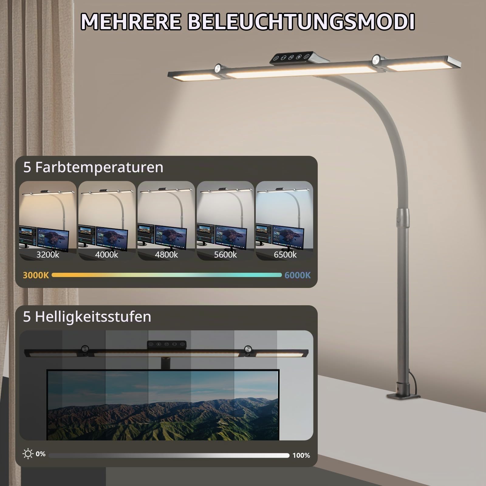 LED Schreibtischlampe Dimmbare,24W Schreibtischlampe Klemmbar mit Fernbedienung,Ultrahelle Tageslichtlampe für Büro,5 Farb 10 Helligkeit,Schwanenhals Schreibtischleuchte Schwarz mit Augenschutz.