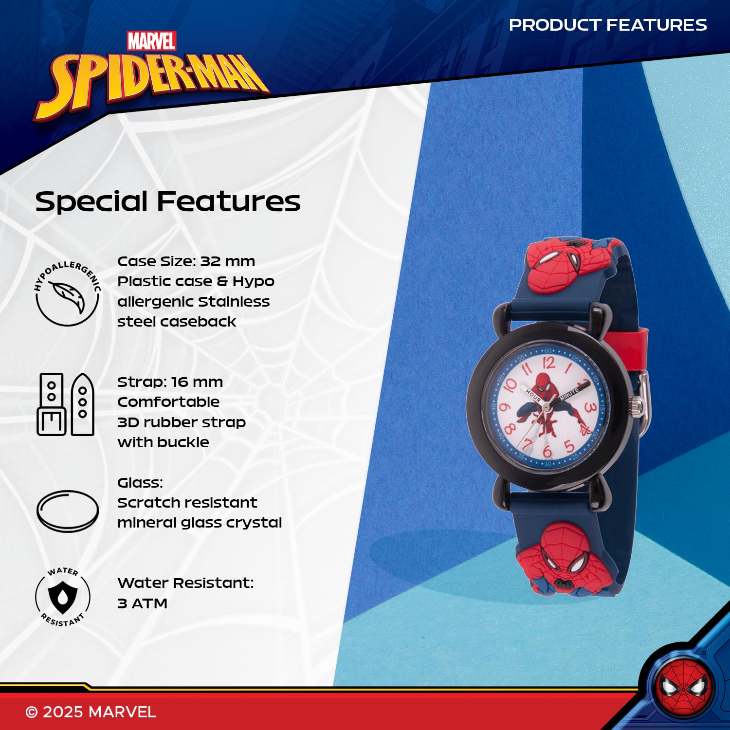 Marvel Spider-Man - Orologio analogico al quarzo con cinturino 3D per insegnare l'ora ai bambini, Nero, blu navy, Spider Man - Orologi in plastica 1, cassa nera, cinturino in plastica blu