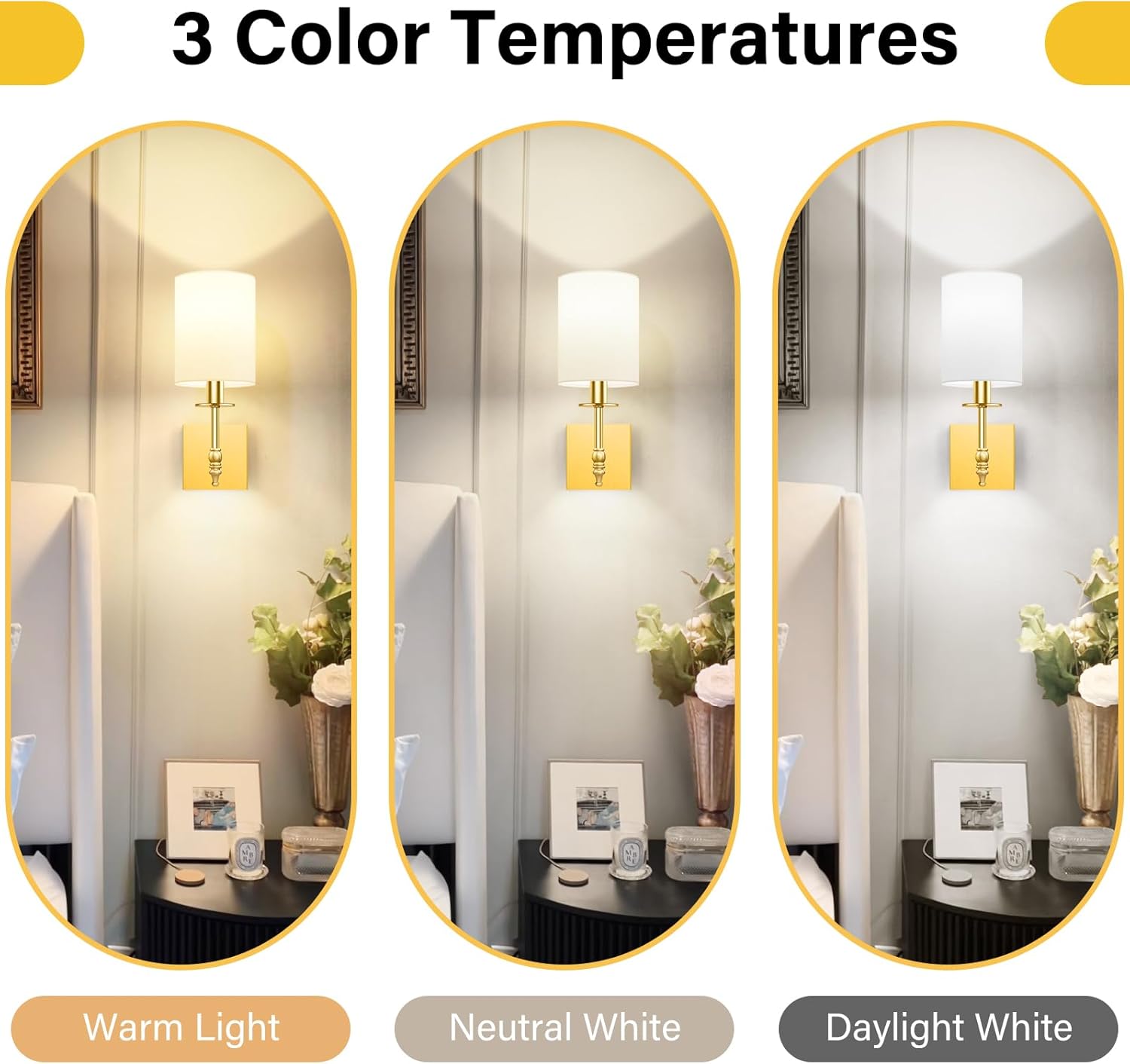 Bosceos 14.5 Inch Battery Operated Wall Sconces Set of 2, Gold Rechargeable Wall Lights with Remote, Wireless Wall Lamps with 15 Color Dimmable Bulbs for Bedroom Living Room Hallway Decor