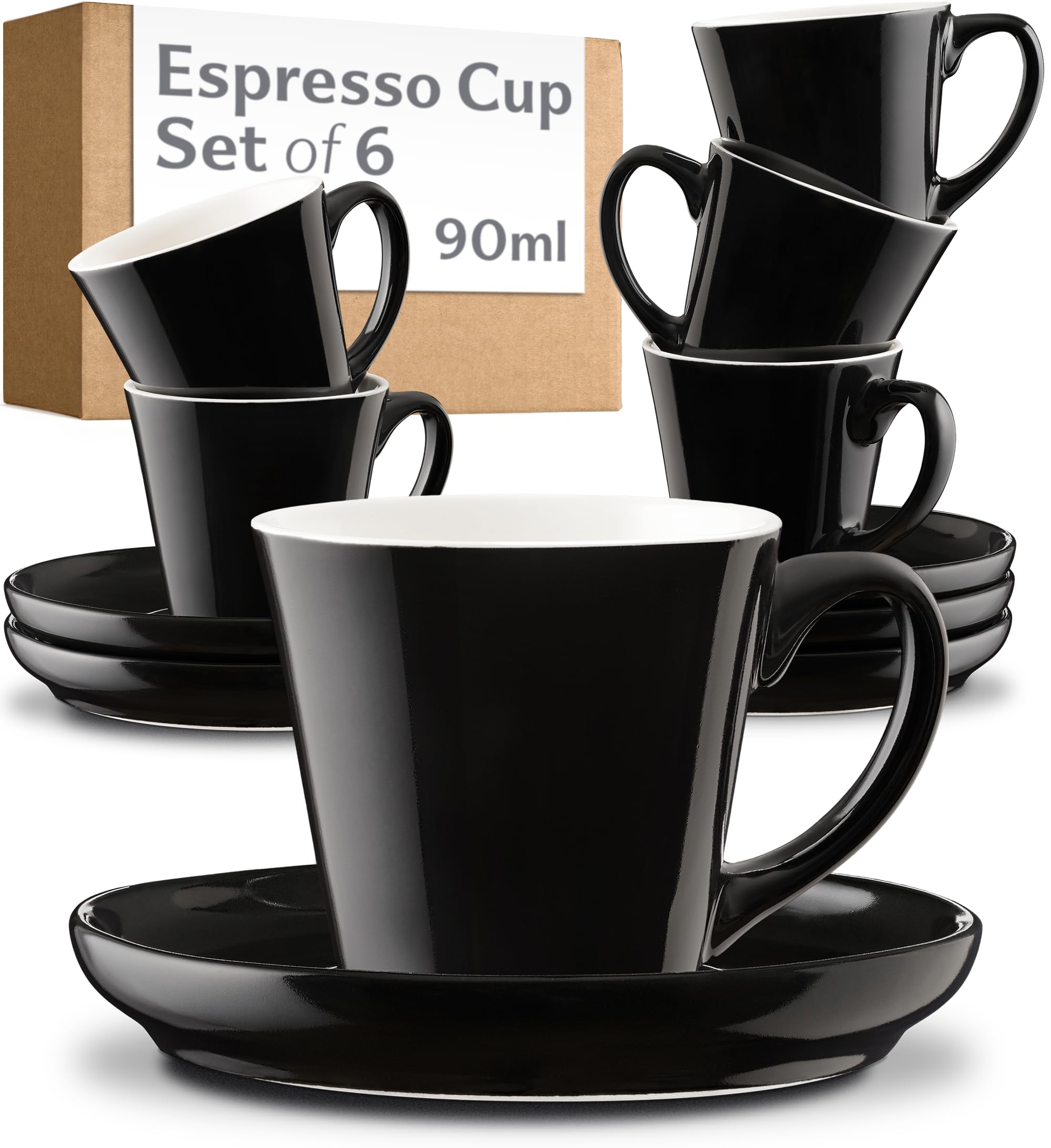 Cosumy Espresso Cups and Saucers Set of 6 - Cup and Saucer Set - Stackable Design - Tea Cup Set - Tea Cups and Saucers - Coffee Mugs - Cappuccino Cups - Gift Box - Coffee Cups Ceramic Set 70ml