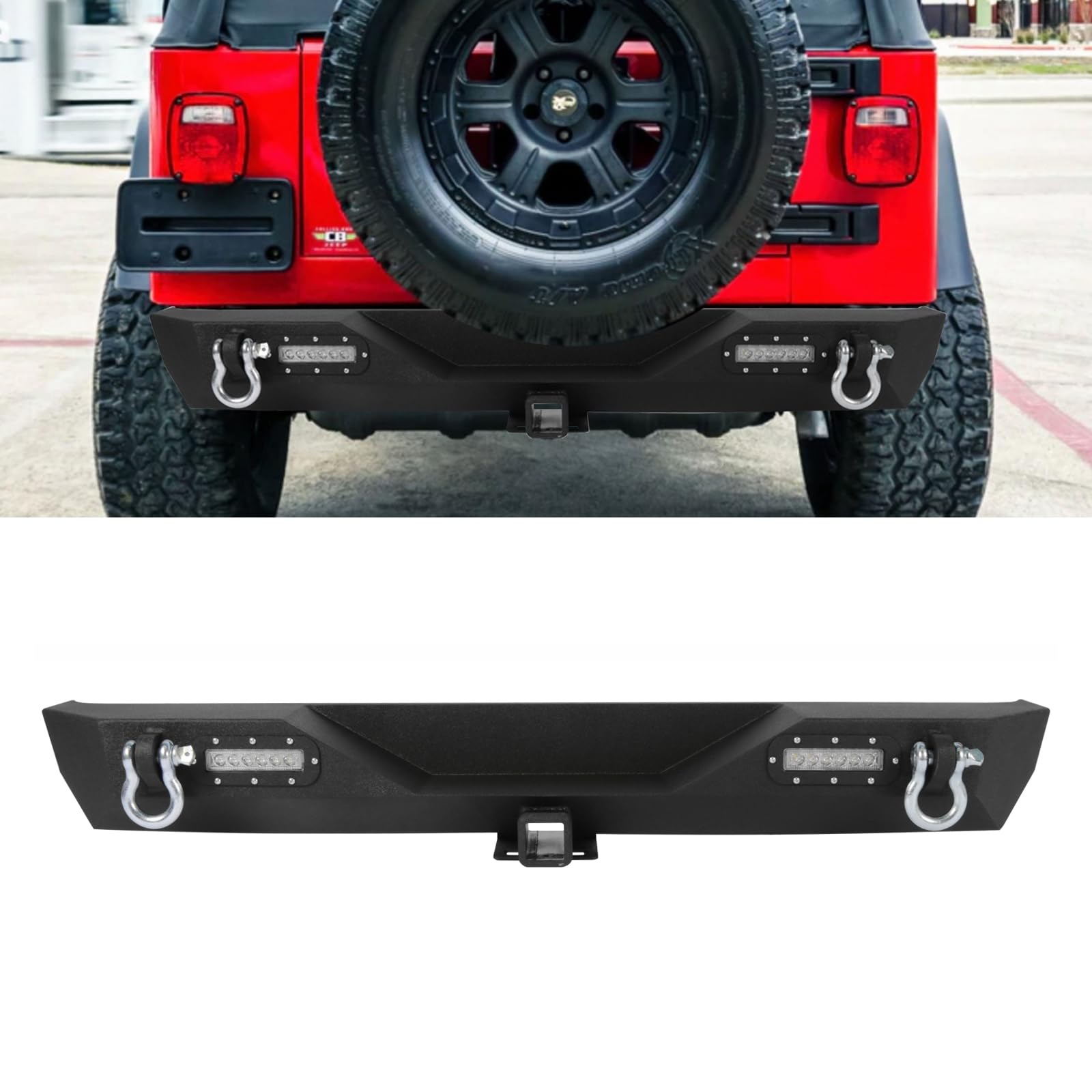 Rear Bumper Fits for Jeep Wrangler TJ YJ 1987-2006,with 2" Hitch Receiver D-Rings w/ 2 Lights Powder Coated Textured Black Rear Back Bumper