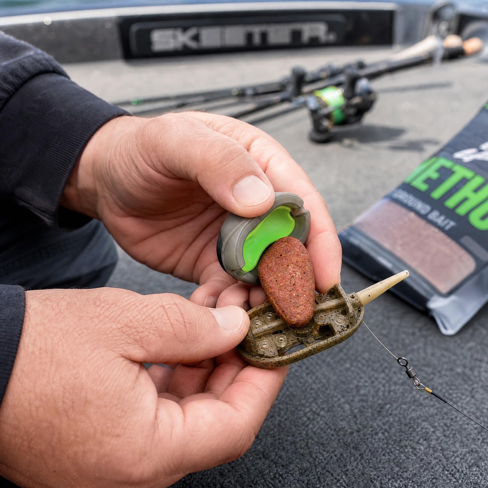 Accessoires Feeder en 6 pièces : kit Method Feeder, Method Feeder Plat avec boîte à appâts, Lest supplémentaire, Panier Feeder pour la pêche avec des appâts de 20 g, 30 g, 40 g et 50 g