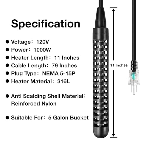 Miniatura 2 de GRILLME Calentador de agua de inmersión de 1000 W, calentador eléctrico portátil totalmente sumergible, calentador de cubo de 5 galones, 100%