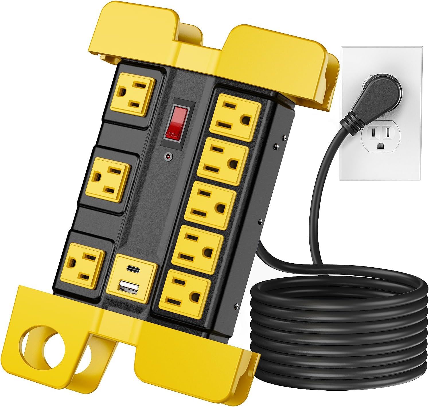 Heavy Duty Power Strip with Surge Protector, 8 Outlets 2 USB Ports, 15A Metal Wide Spaced Power Strip 1875W/2000J, 15FT Extension Cord with Flat Plug for Workshop Garage Shop (Yellow 15FT)
