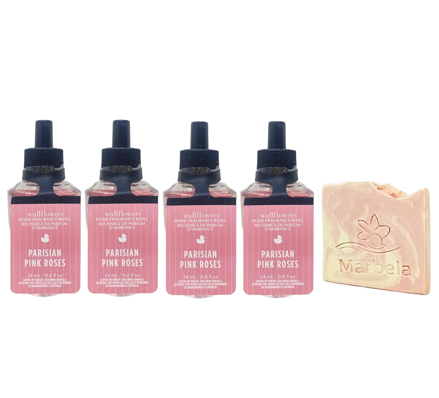 Bath & Body Works Parisian Pink Roses Wallflowers Fragrance Refill 4 Pack with a Himalayan Salts Springs Sample Soap.