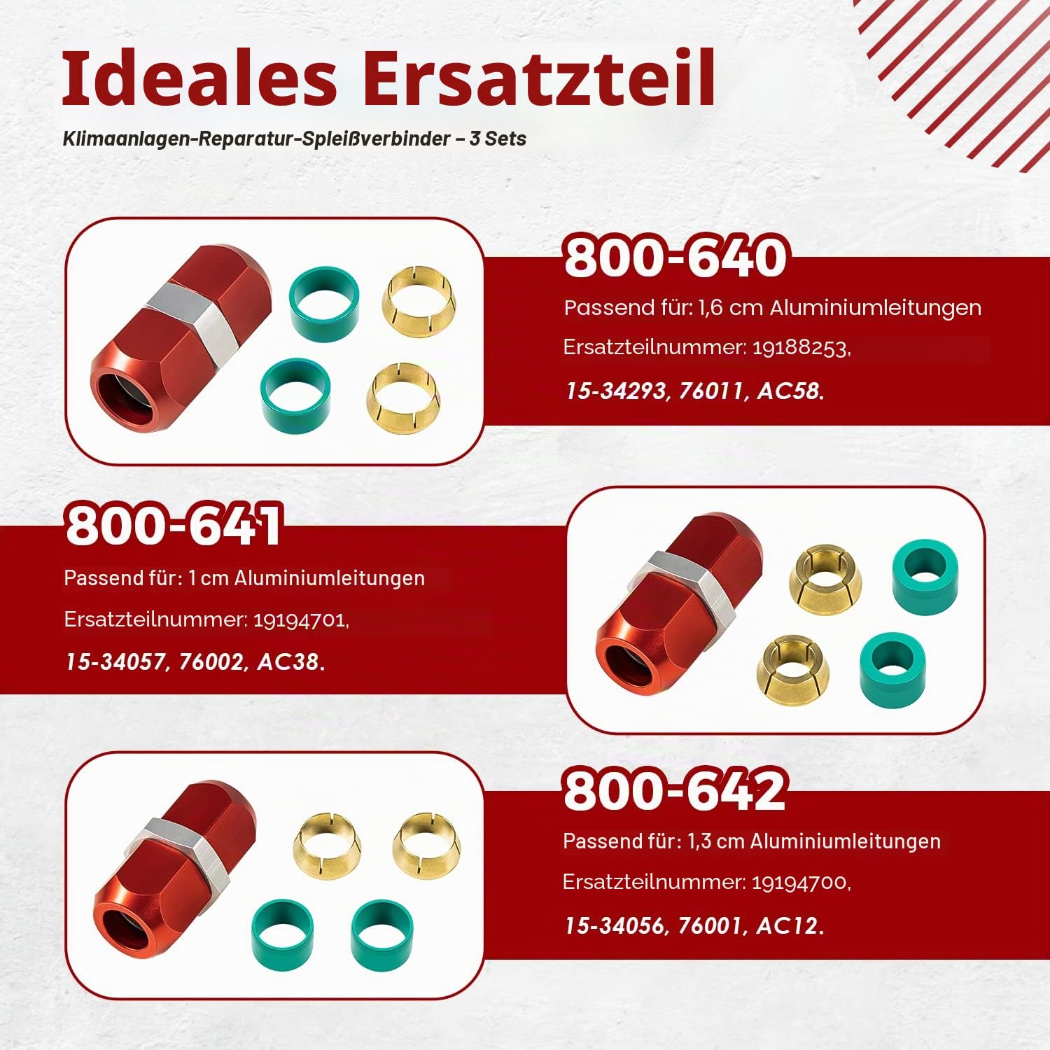 Ersatz für 800-640, 800-641, 800-642, Klimaanlagen-Reparatur-Spleißverbinder-Set passt für 5/8 Zoll 3/8 Zoll 1/2 Zoll Aluminiumleitungen, universelle Passform für Leitung zu Leitung Reparatur