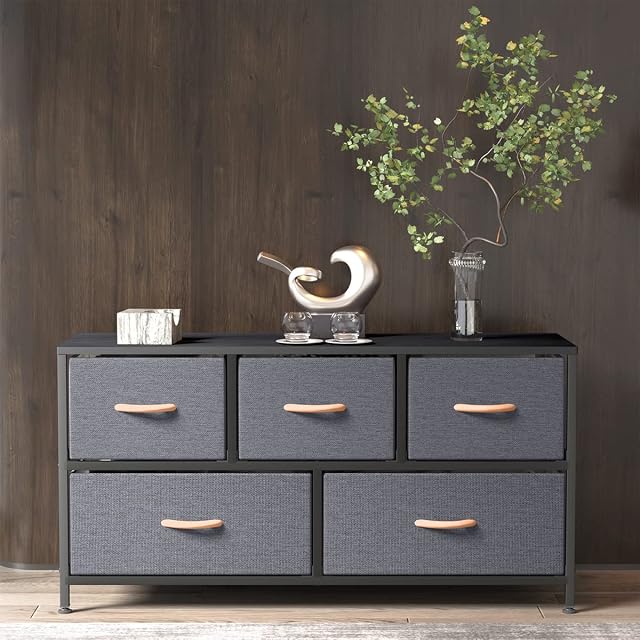 Gernian Chest of Drawers, Fabric Drawers, Organizer Unit for Bedroom, Hallway, Entryway, Living Room, Sturdy Steel Frame, Easy to Assemble, Dresser with 5 Drawers (Dark Grey)