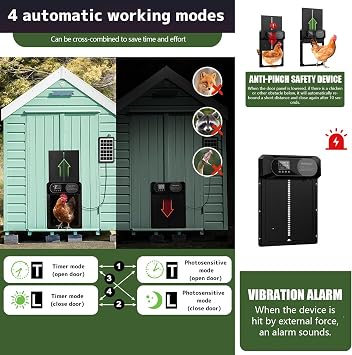 Puerta Automática para Gallinero Solar Abrepuertas automático para gallinero with Timer/Manual/Light Sensor Mode Waterproof Large Display Anti-pinch function Suitable for outdoor breeding