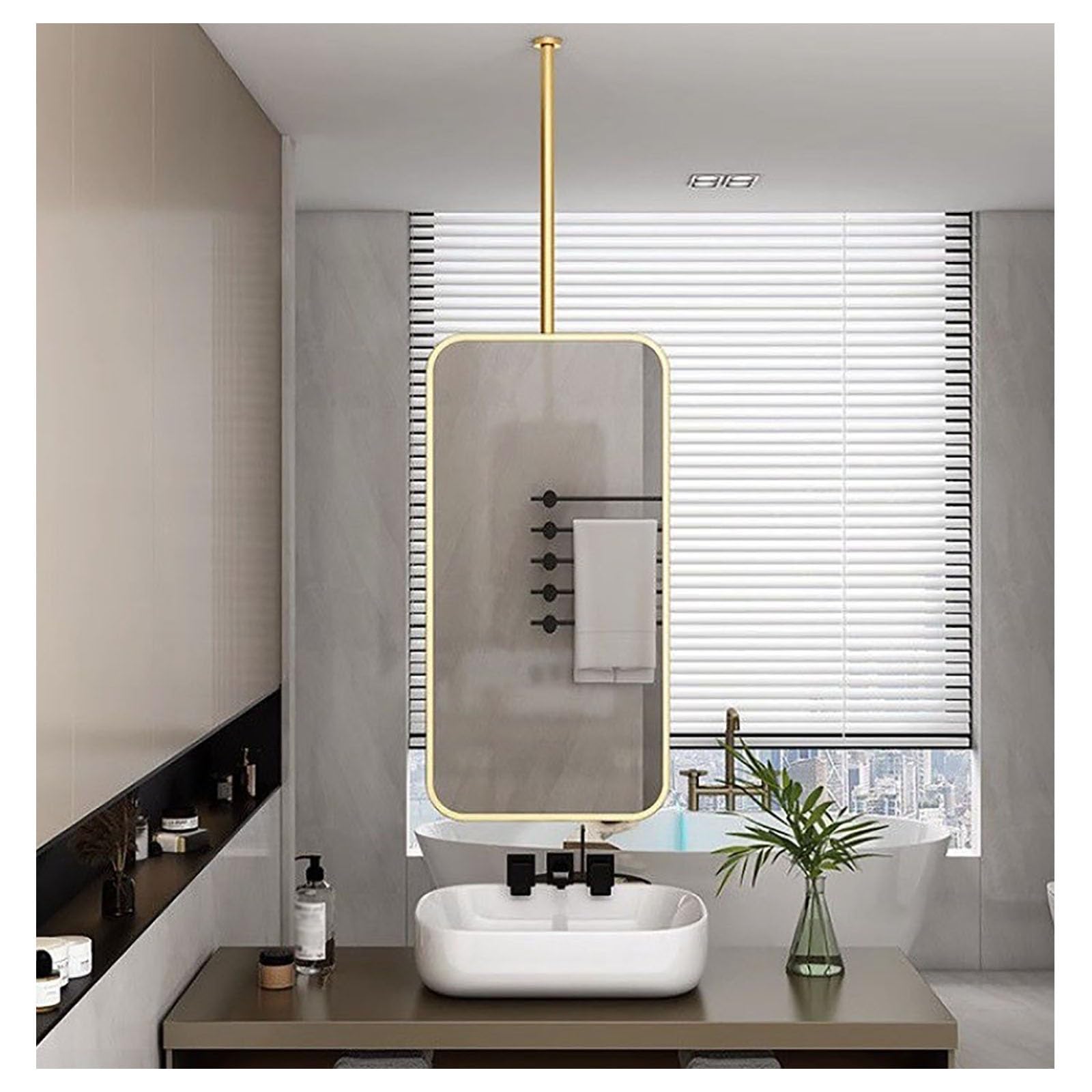 Miroir suspendu horizontal à tige métallique cadre rectangulaire