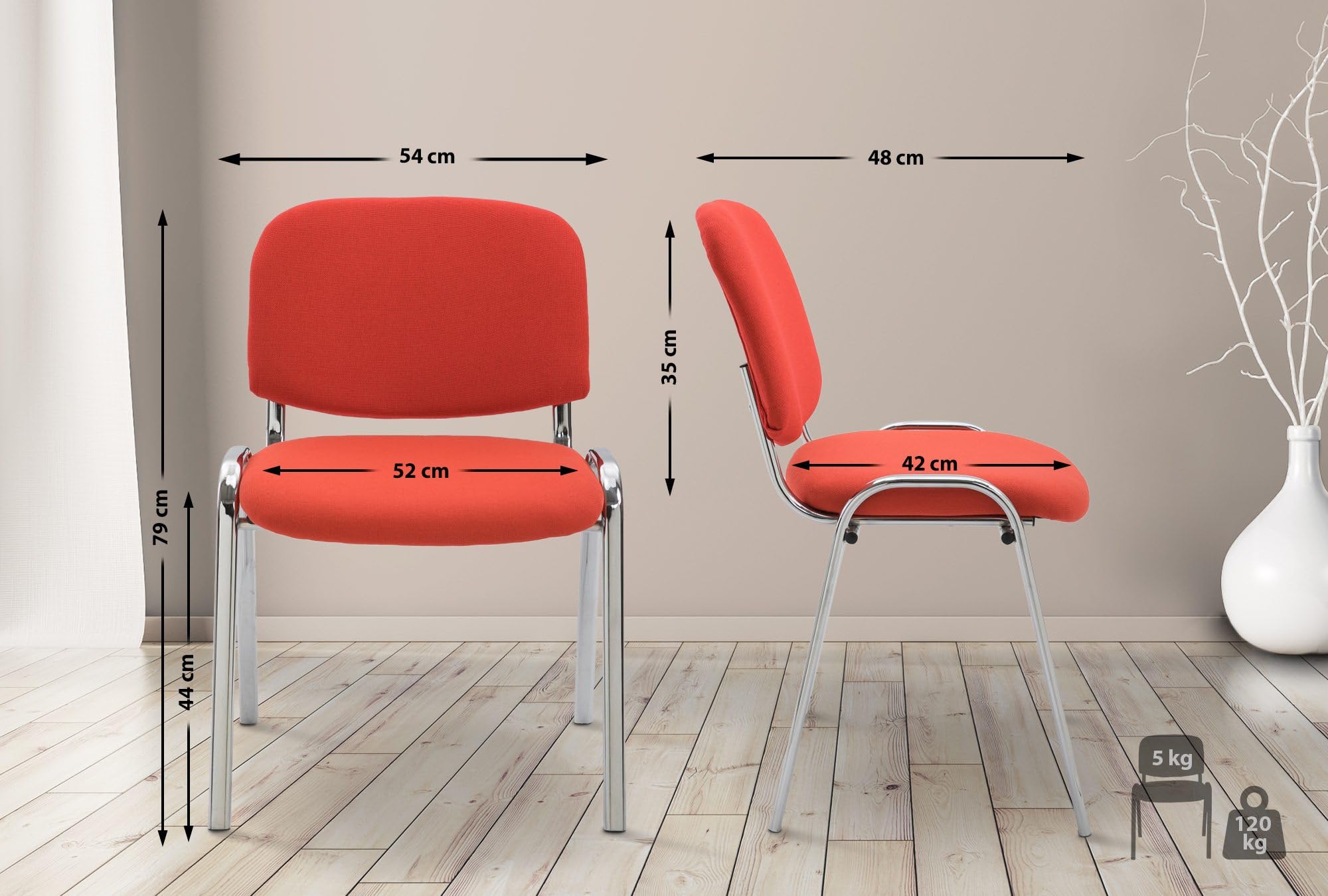 CLP Sedia Ospite Ken C Imbottita I Sedia Attesa In Stoffa E Metallo Cromato I Sedia Ufficio Impilabile Carico Max 120 KG I Sedia Riunioni, Colore:rosso