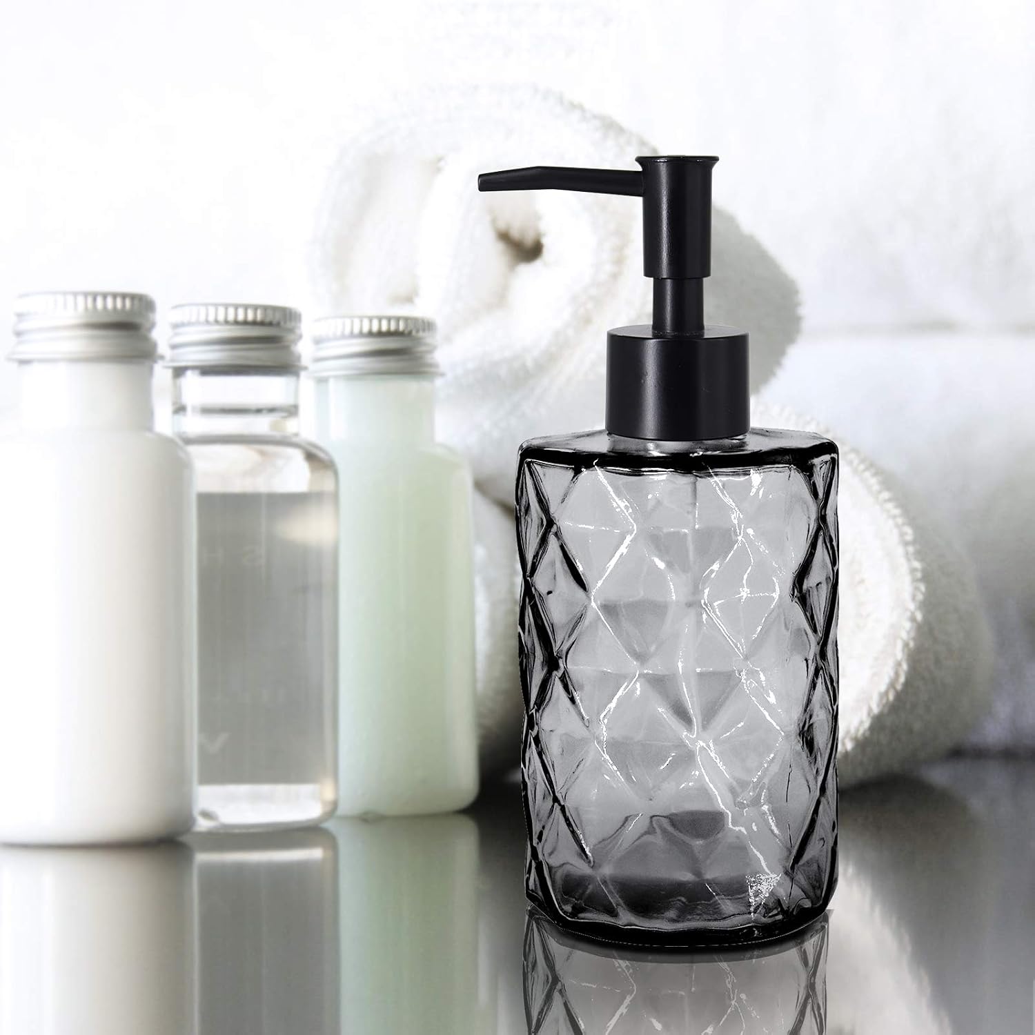 Top-spring 12 Oz Glass Soap Dispenser, Refillable Lotion Soap Dispenser for Bathroom, Kitchen, Hand Soap, Dish Soap