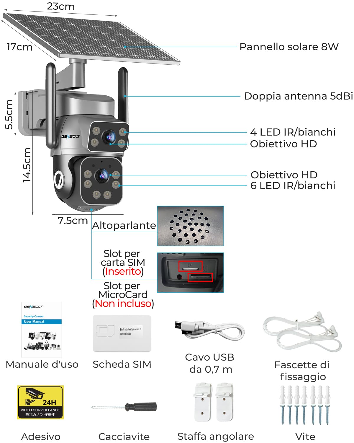 GENBOLT 4G AOV Telecamera Solare Esterno Senza Fili Con SIM Senza WiFi IP66 | Doppio Obiettivo 3MP*2, Registrazione 7/24, CCTV Camera con Pannello Solare 8W 14400mAh, IP Videocamera Sorveglianza