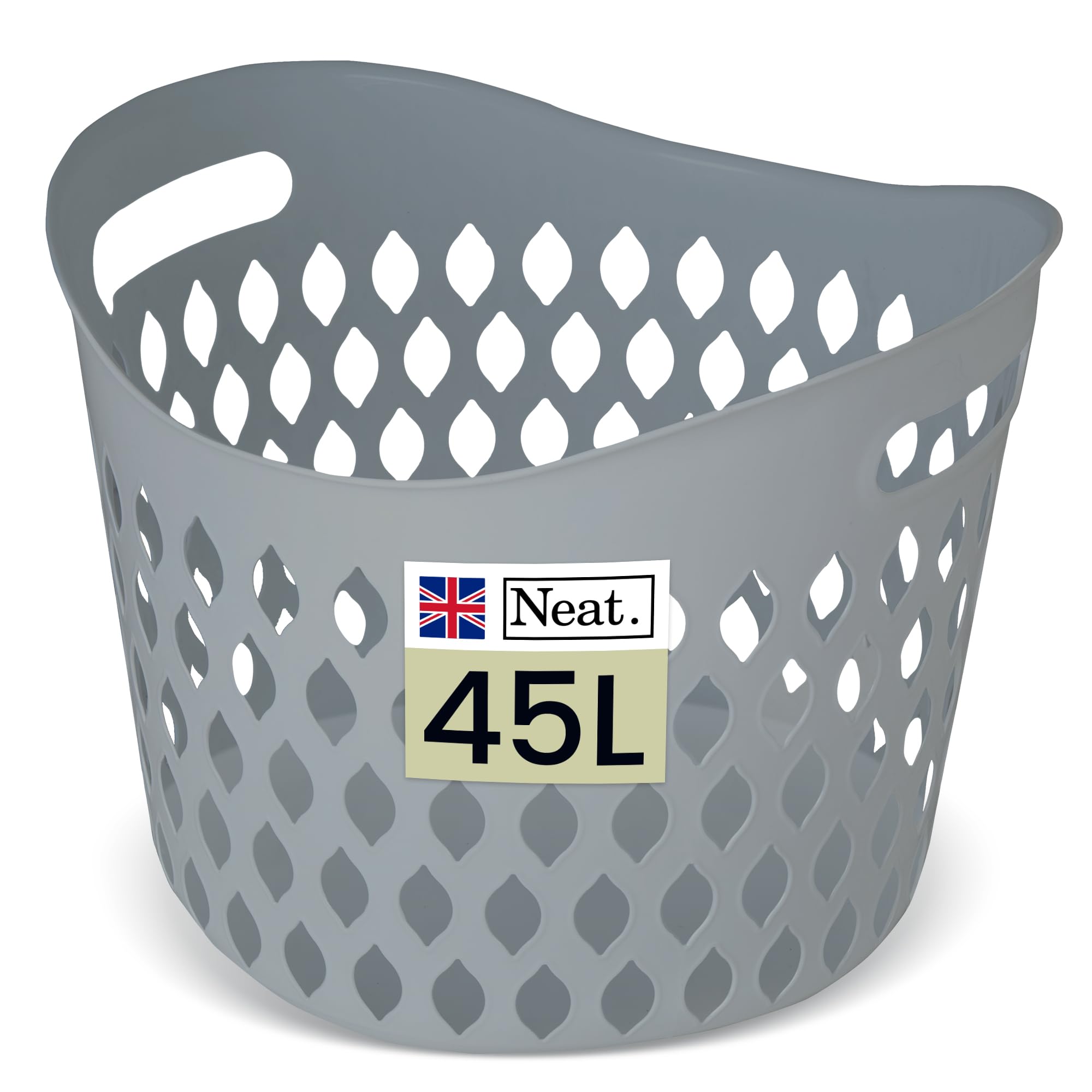 Neat. 45L Litre Plastic Round Laundry Basket For Washing Clothes - High Grade Linen Storage Bin Tidy Bathroom Storage Baskets Organiser, Washing Baskets For Laundry Room, Kids Nursery (Grey)