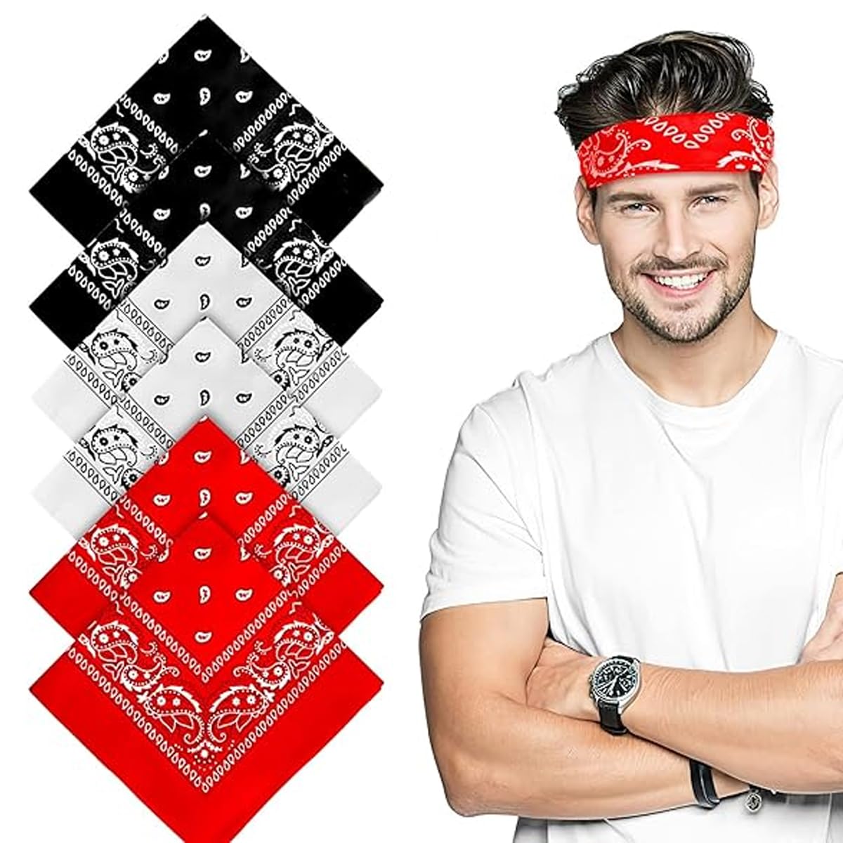 bismaadh 6PCS Bandana, Paisley Pattern Bandanas for Men Women, Face Mask Square Scarf Headwear, Black Red White Print Large Bandana Headbands, Handkerchiefs Head Wrap Scarf Wristband for Gift-picture-41